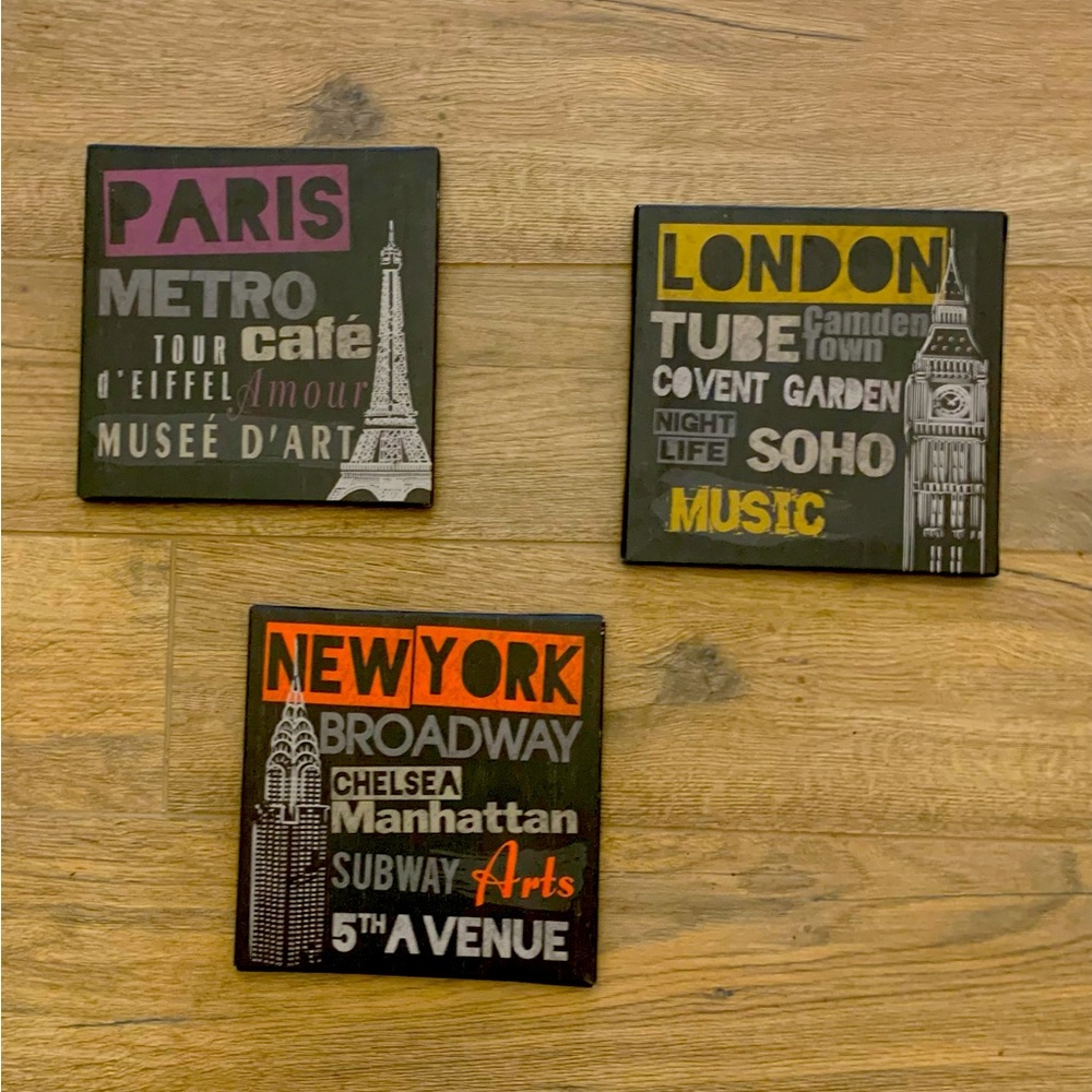 Paris, New York, London canvas wall art trio